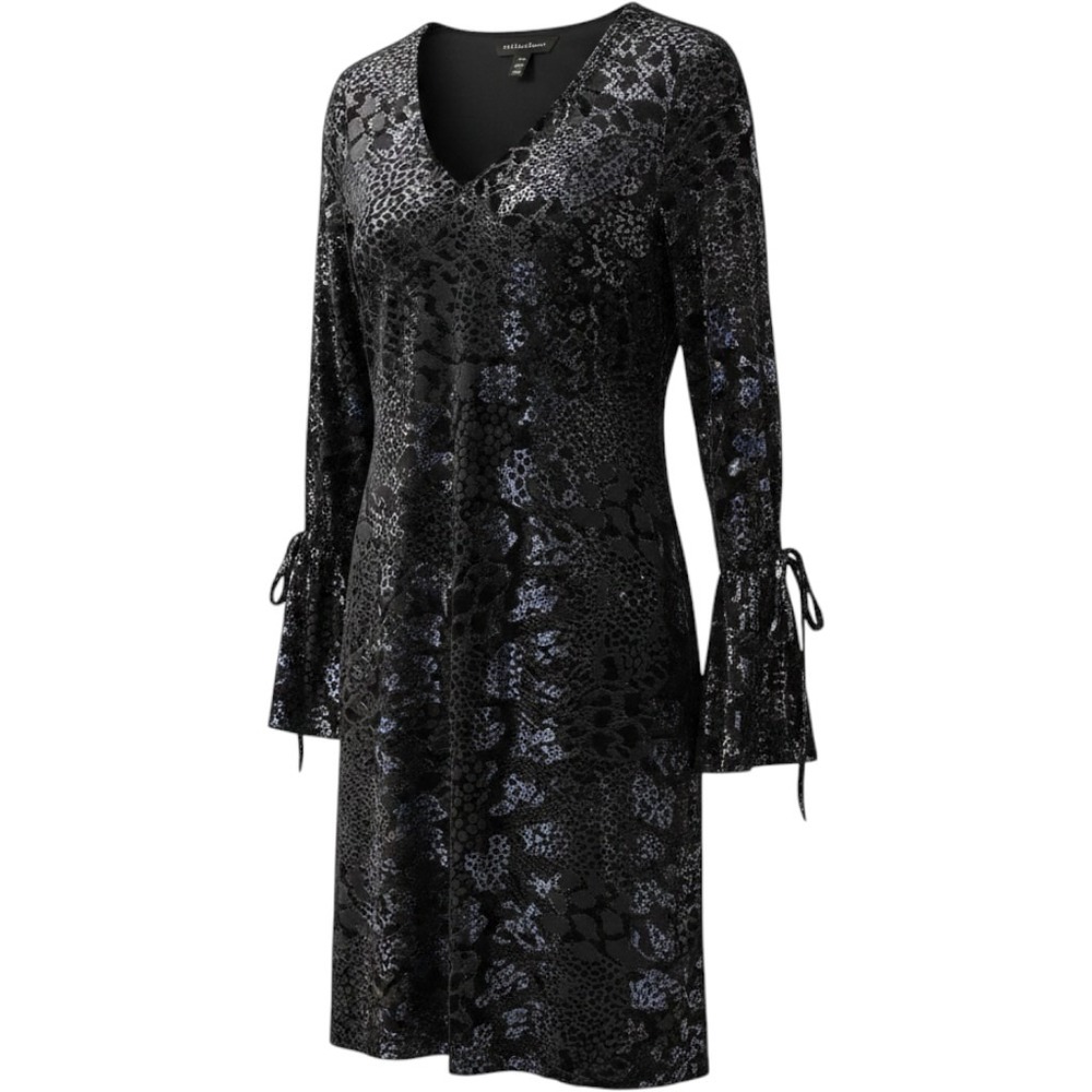 Tribal Femme Women Black Metallic Animal Print Bell Sleeve Dress Glam Snakeskin
